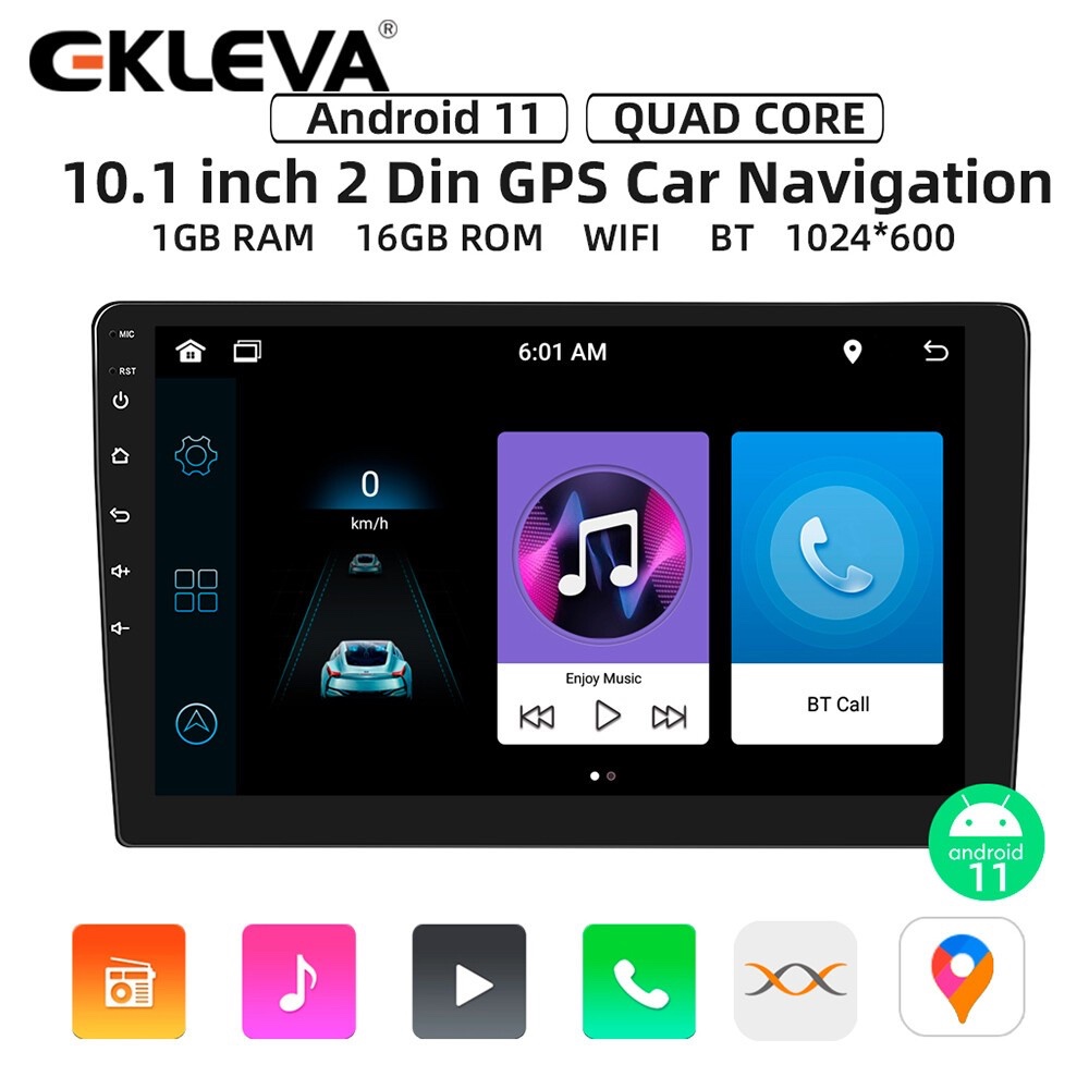 EKLEVA 2 Din Android 12 Head Unit 9/10 Inch GPS Navigasi Layar Sentuh 2.5D Support Carplay Bluetooth