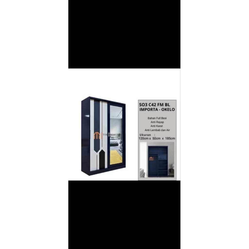 Lemari Pakaian Besi import Okelo 2 pintu sliding navy