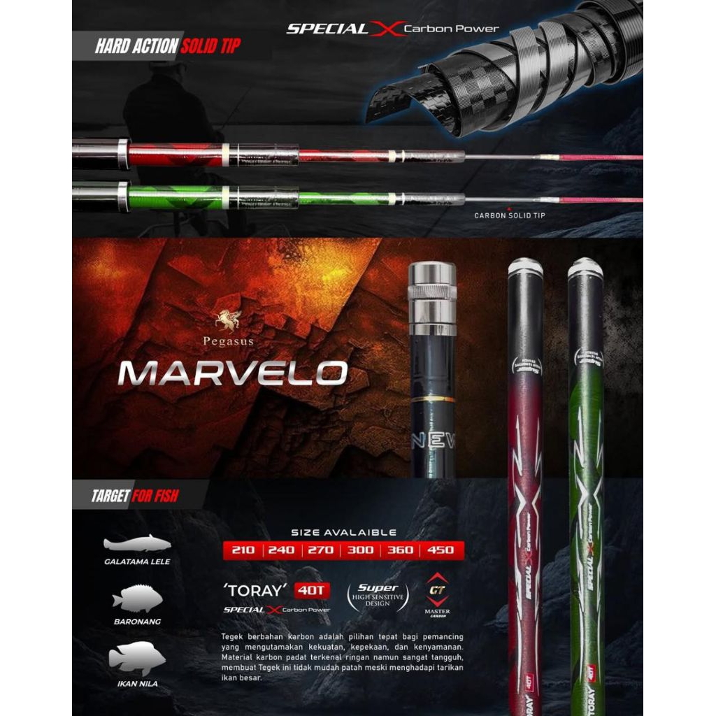 Joran Tegek Carbon PEGASUS MARVELO Ruas Panjang Action Spek kaku