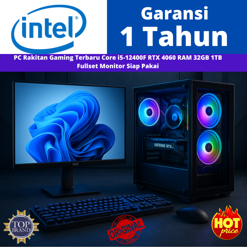 PC Gaming PC Rakitan Gaming Terbaru Core i5-12400F RTX4060 Ram 32GB 1TB Fullset Monitor Siap Pakai