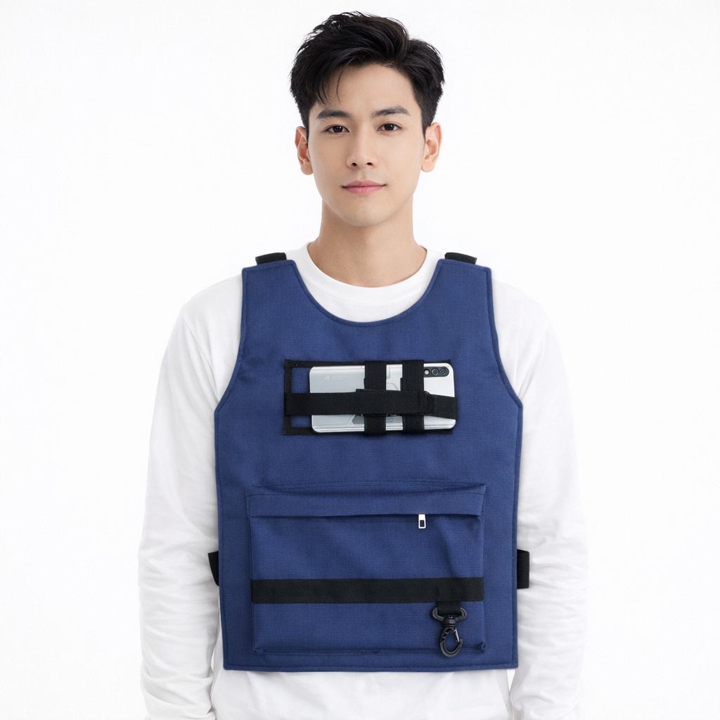 Rompi Moto Vloger dengan Holder hp dan gantungan kunci WARNA NAVY pelindung dada dari terpaan angin 