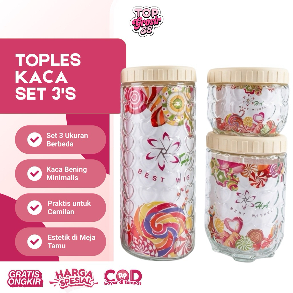 Toples kaca 3in 1/ toples kaca snack /toples kaca lebaran