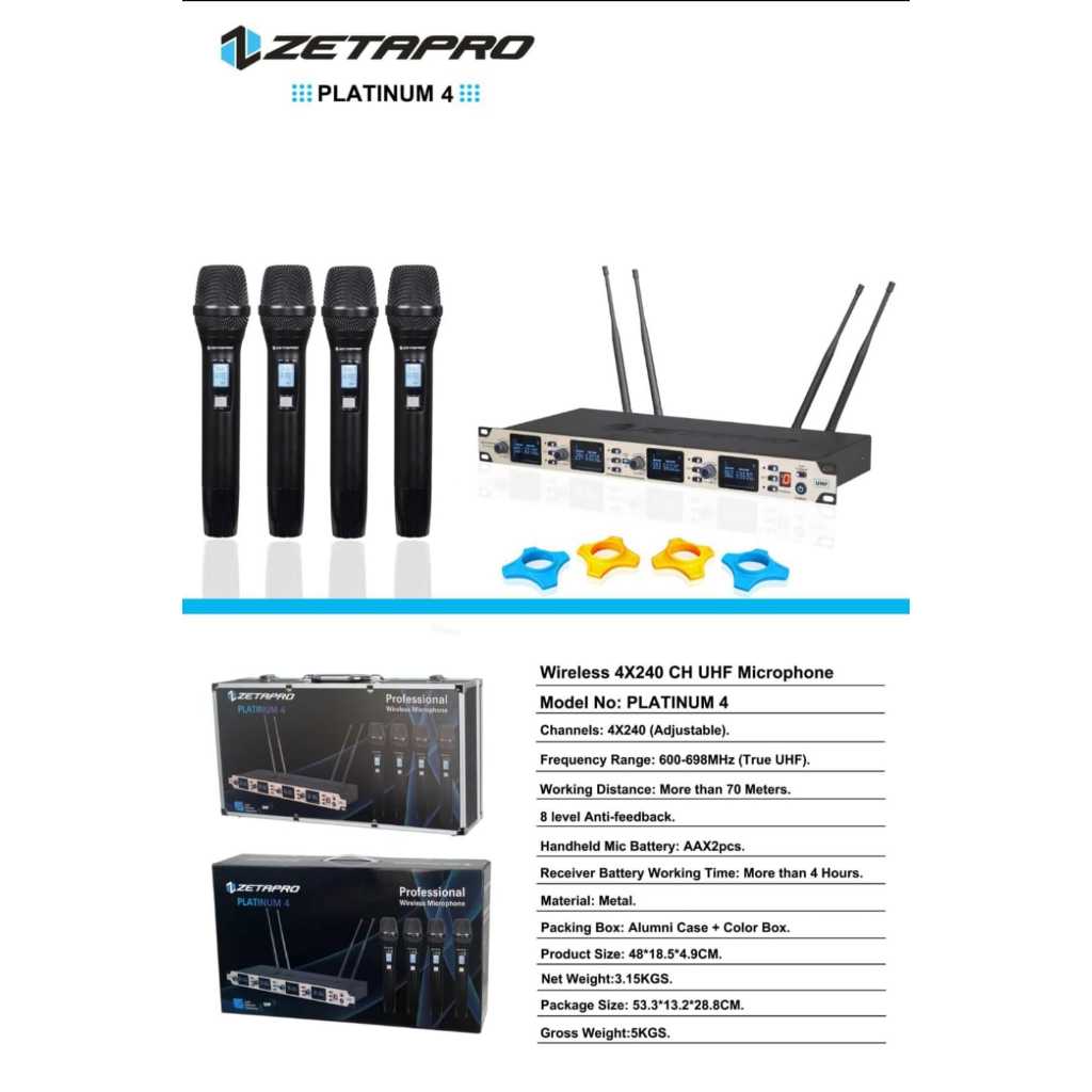 Microphone Wireless Zetapro Platinum 4 - Pro Audio Wireless Mic UHF