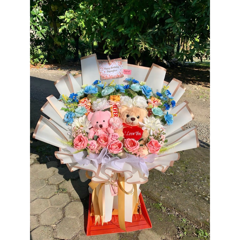 [BACA DESKRIPSI] Buket Jumbo Isi 2 Boneka medium full bunga artificial 3 coklat silverqueen