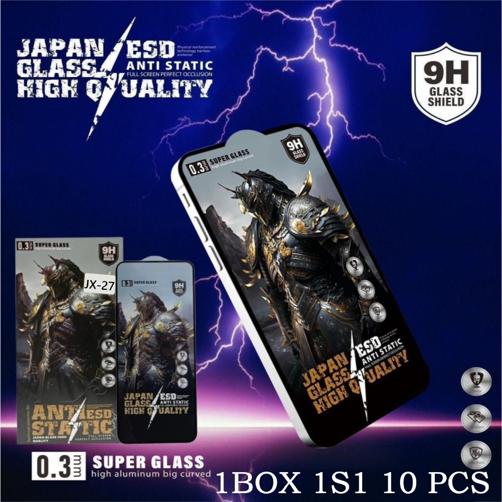 1BOX ISI 10 PCS Tempered Glass Full Screen JX-27 Persamaan Universal Anti Static ESD Japan High Qual