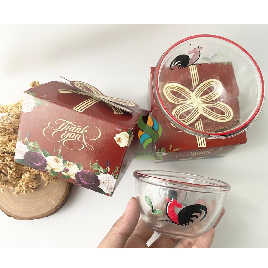 Souvenir Mangkok BIB3.75 DKR Ayam Jago Mangkuk Sambal Kaca Motif Ayam Kaca Bening Kemas Paper Box