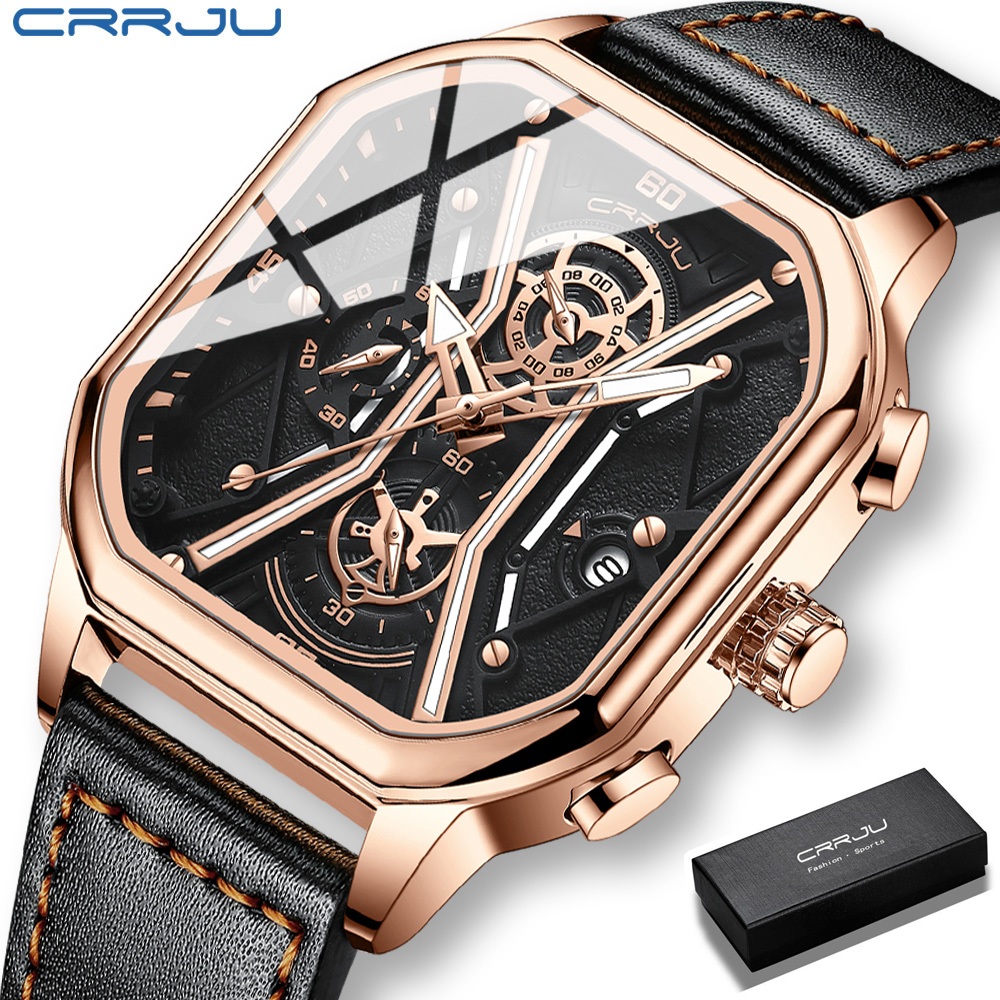 CRRJU Jam Tangan Pria Kronograf Kuarsa Olahraga Tahan Air Kulit Mewah Militer Arloji Cowok