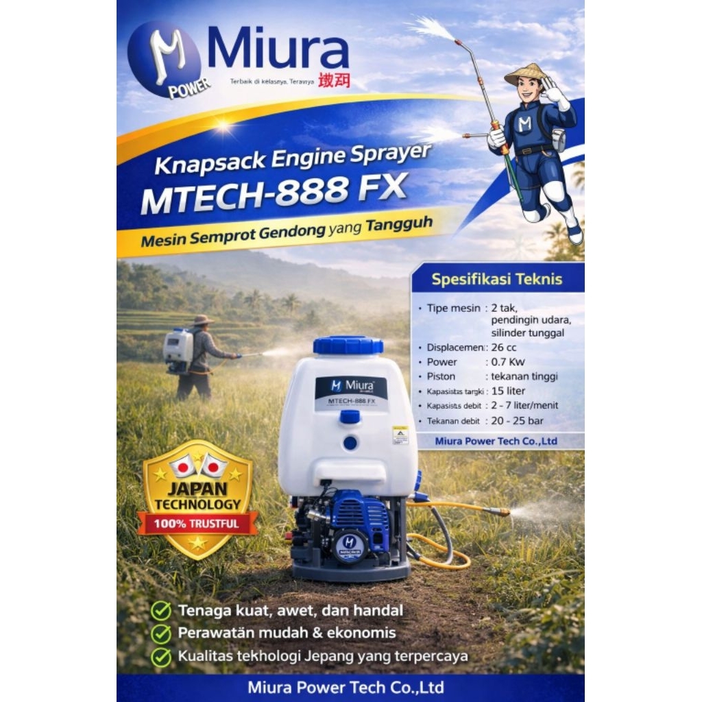 Knapsack Engine Sprayer Miura MTECH 888 Kap 15L / Alat Semprot Pertanian