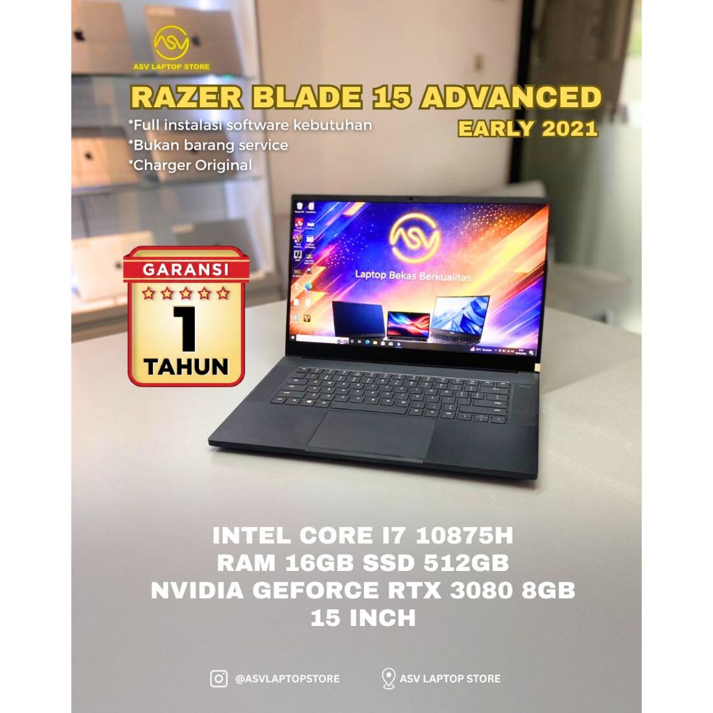 RAZER BLADE 15 ADVANCED CORE I7 10875H RAM 16GB SSD 512GB NVIDIA GEFORCE RTX 3080 8GB 15 INCH LAPTOP