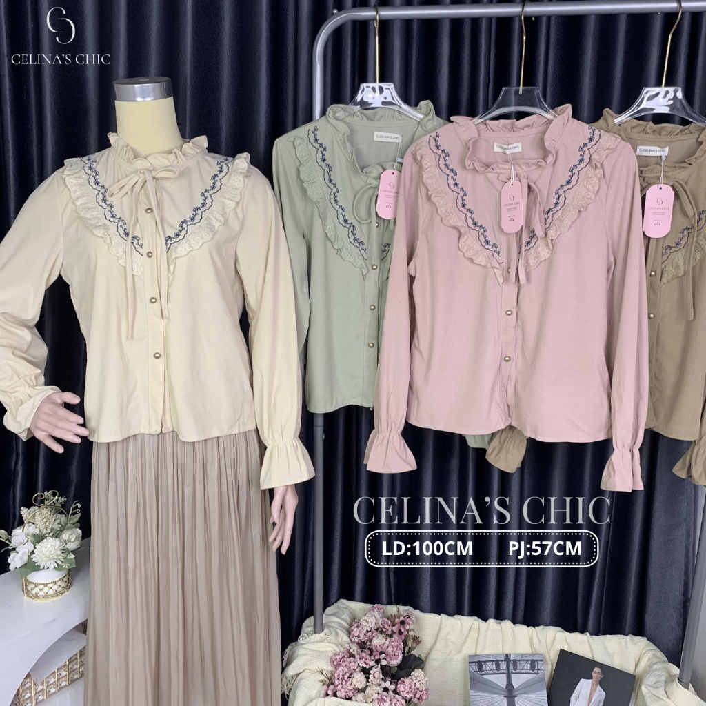 Kemeja Blouse Corduroy Bordir Vintage Lengan Panjang 4 Warna LD 100cm PJ 57cm ALL SIZE