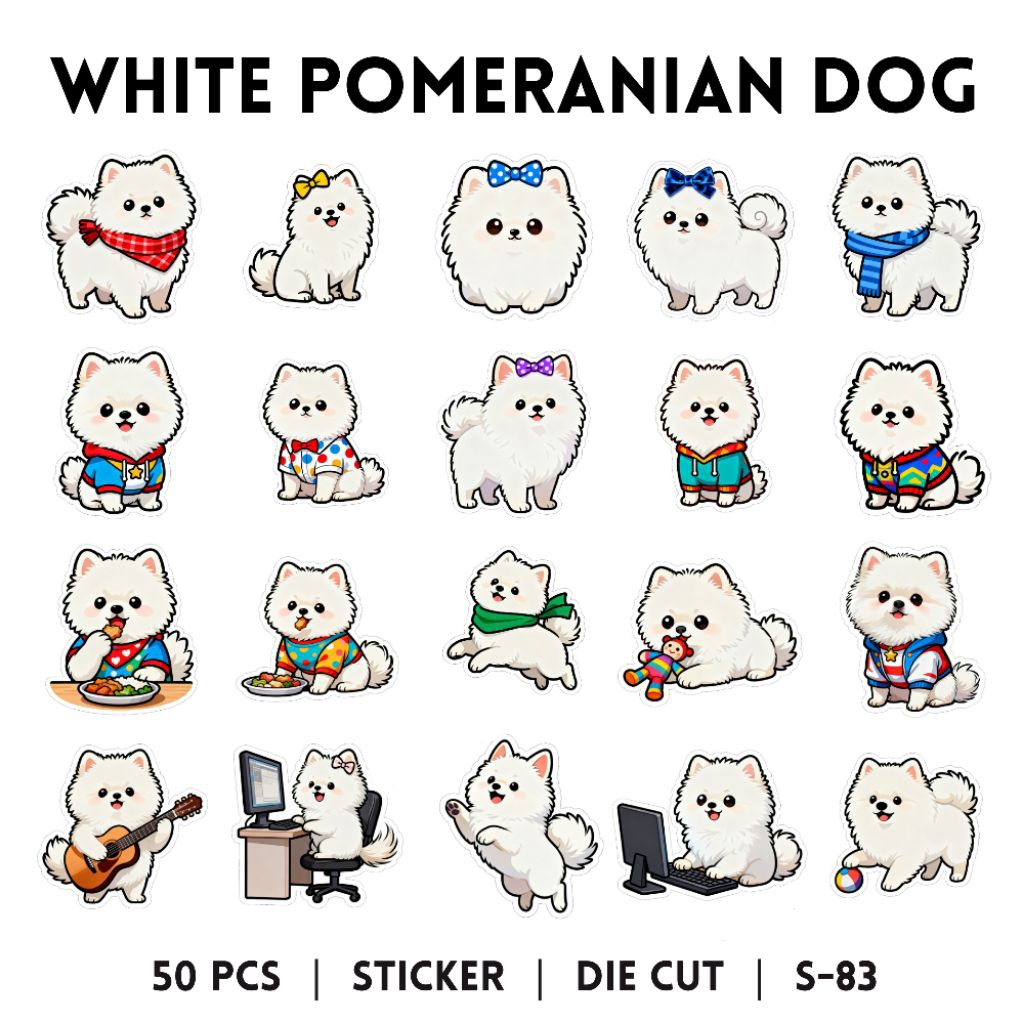 [50 pcs] STICKER | WHITE POMERANIAN DOG (S-83) ANJING POM PUTIH, HEWAN, BINATANG | DECO STICKER | ST