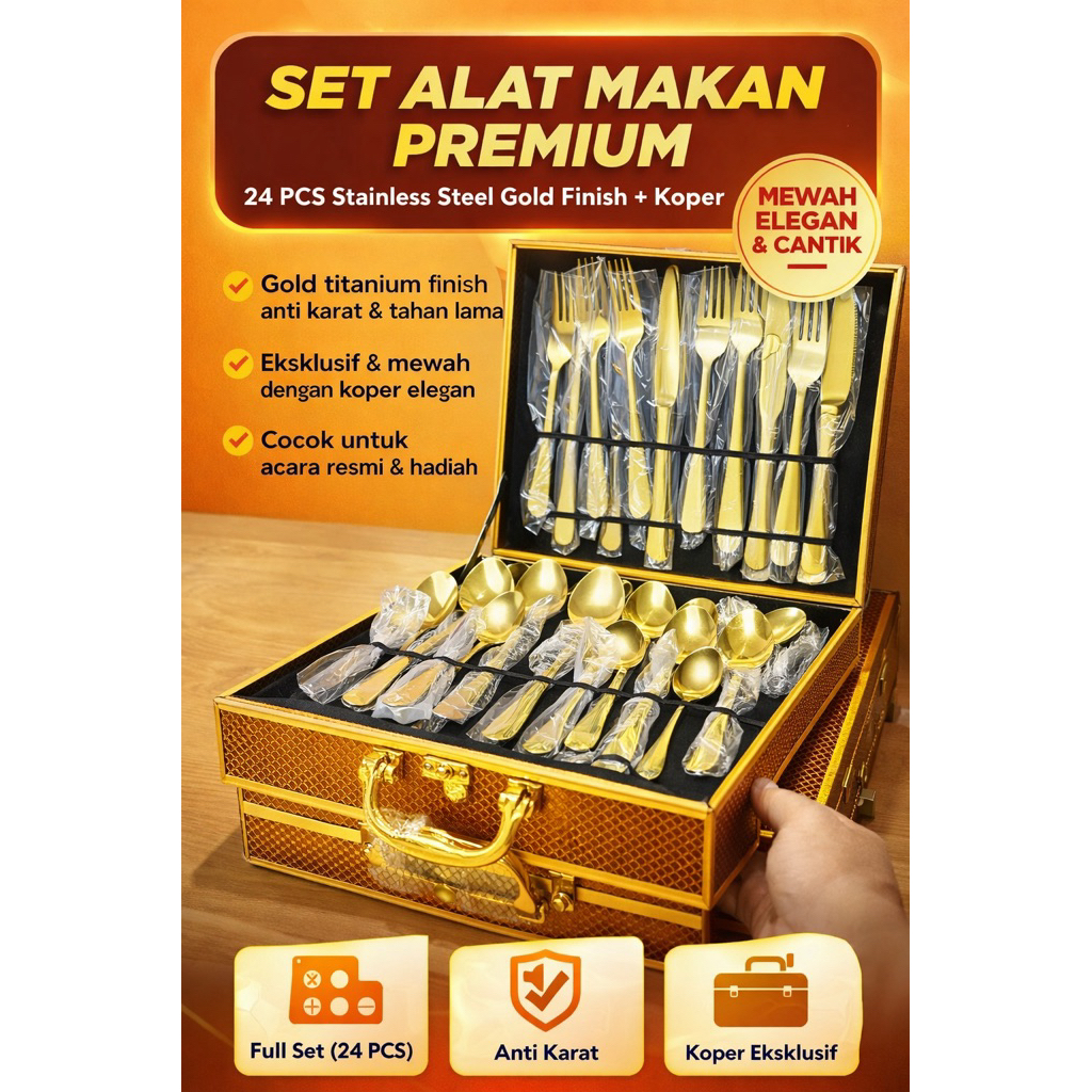 Set Alat Makan Gold 24 PCS Stainless Steel Premium Dengan Koper Elegan Sendok Garpu Pisau Set Mewah