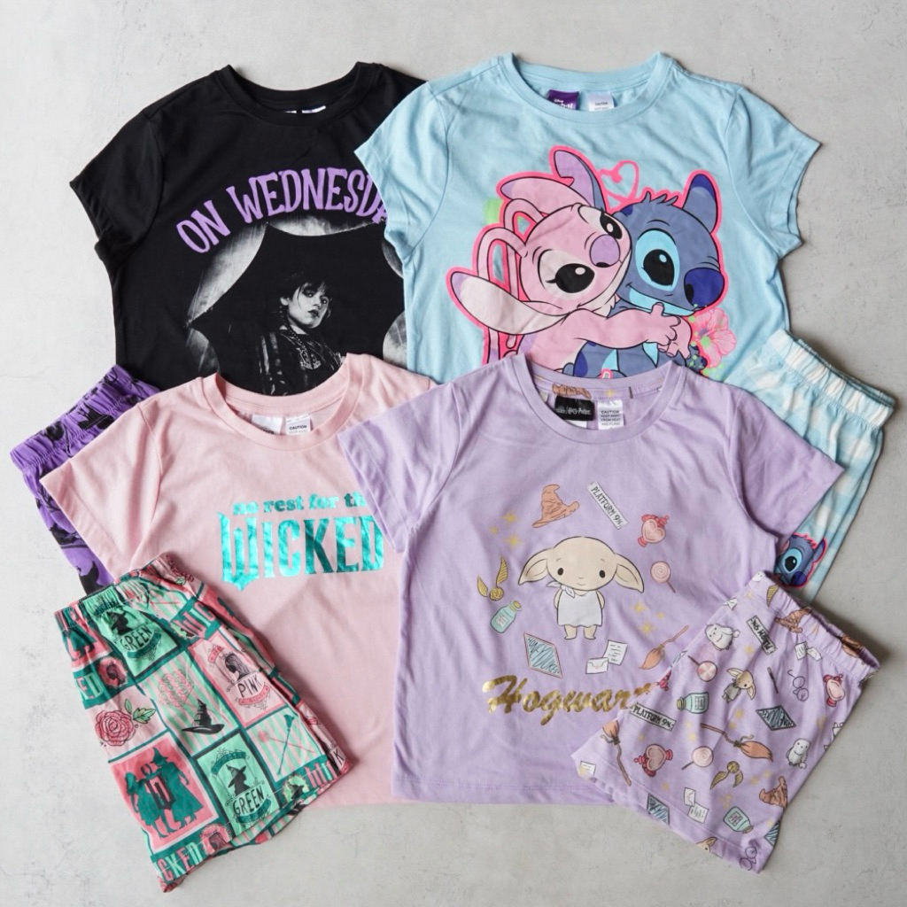 Girls’ Character Homewear Set | size 6-16y | stitch angel wednesday dobby wicked | baju kaos celana 