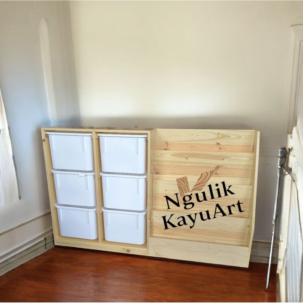 Rak Buku Rak Mainan Anak Plus Box 6 pcs kayu Solid Jati Belanda Minimalis
