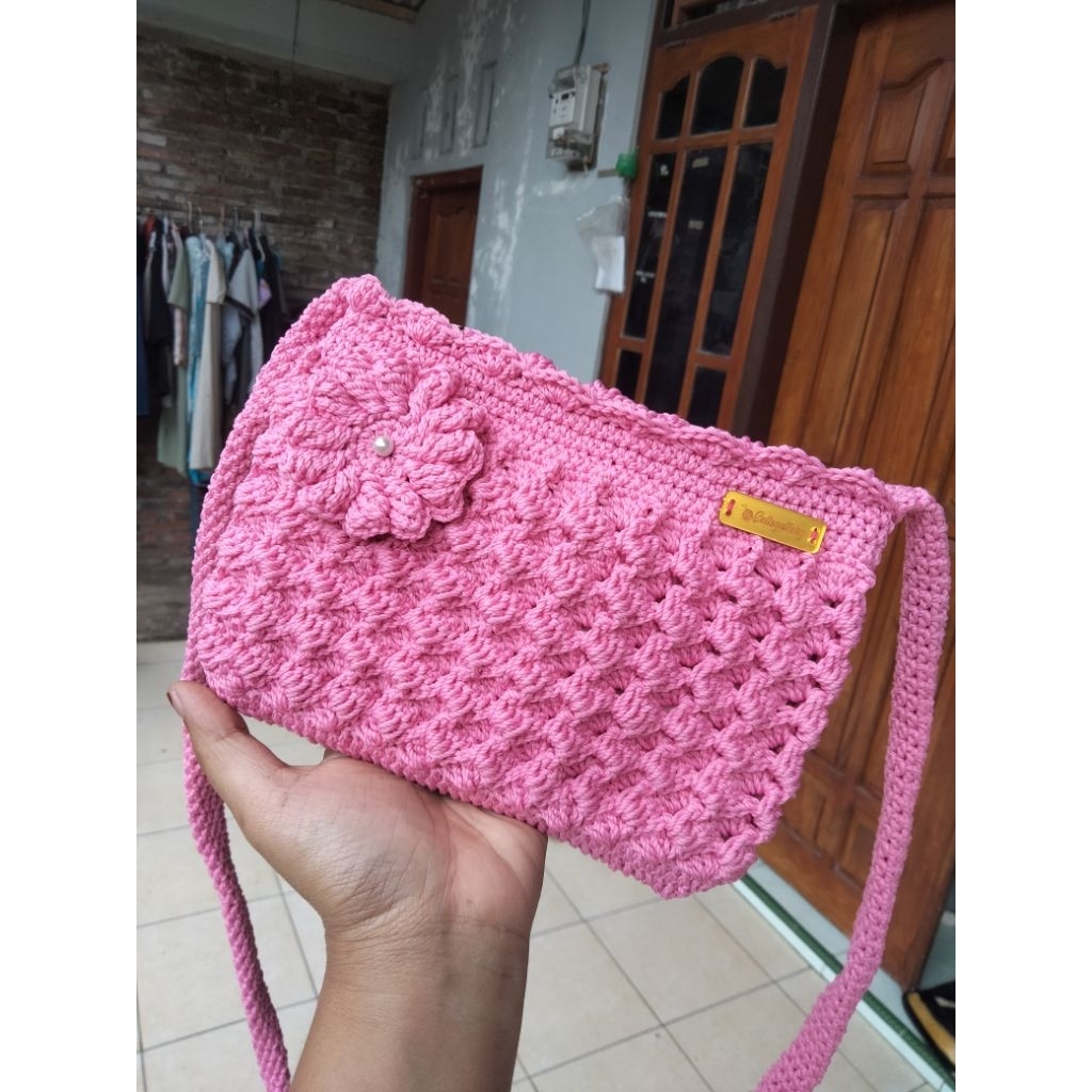 TAS RAJUT SELEMPANG WANITA PRADA WARNA PINK // SLING BAG WANITA // TAS HP WANITA