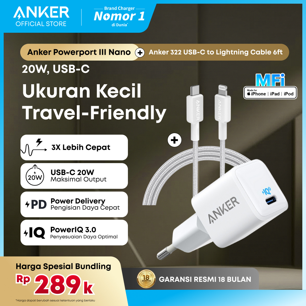 Adaptor Wall Charger 30W 20W Anker GaN Ice-cooled bundle Kabel USB Type C Lightning MFi for iPhone 1