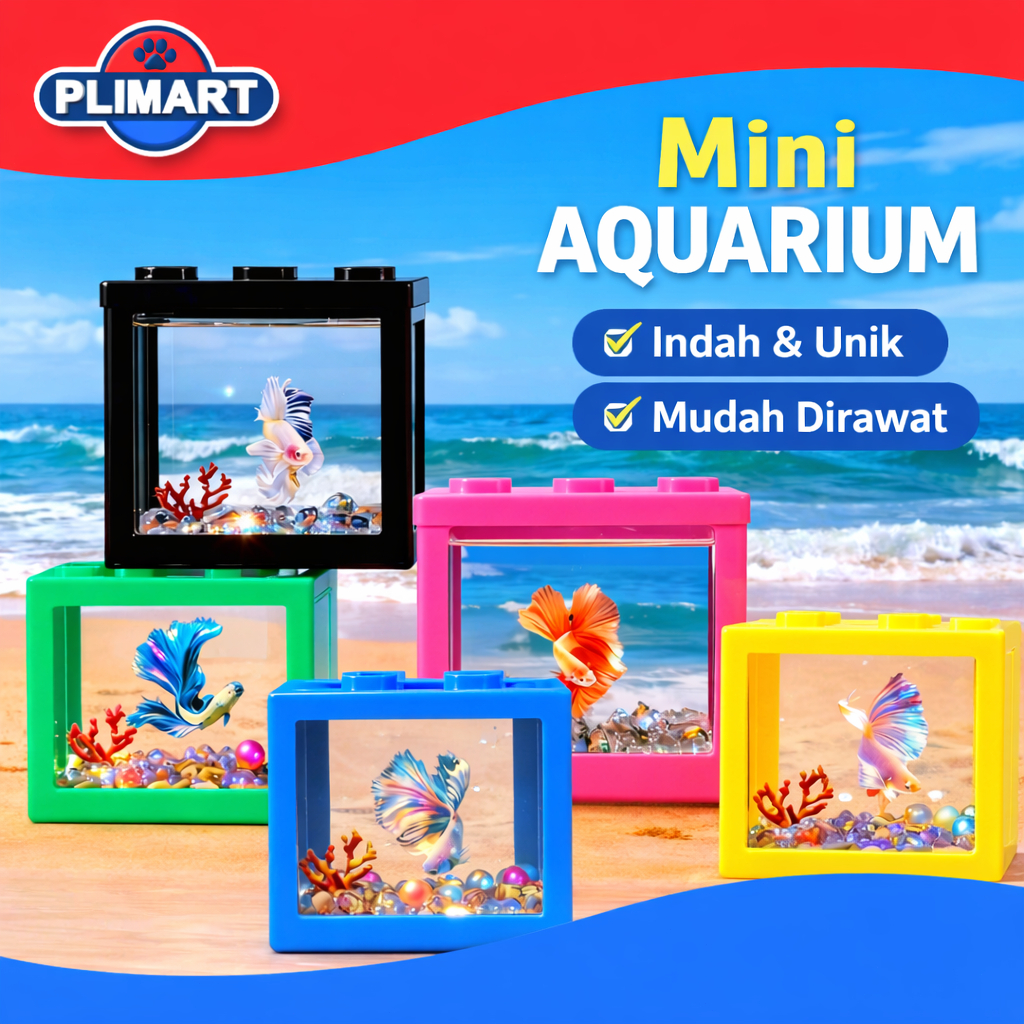 Aquarium Mini Color Full Set Estetik Gift Full – Tank Ikan Cupang + Dekorasi Aquascape Pink Kuning H