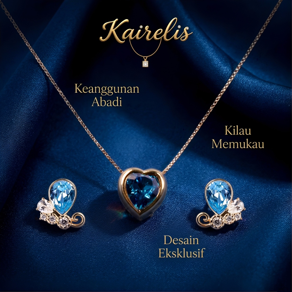 KAIRELIS Perhiasan Crystal Swarovski Azure Heart Crystal Set | Set Kalung & Anting Kristal Biru Emas