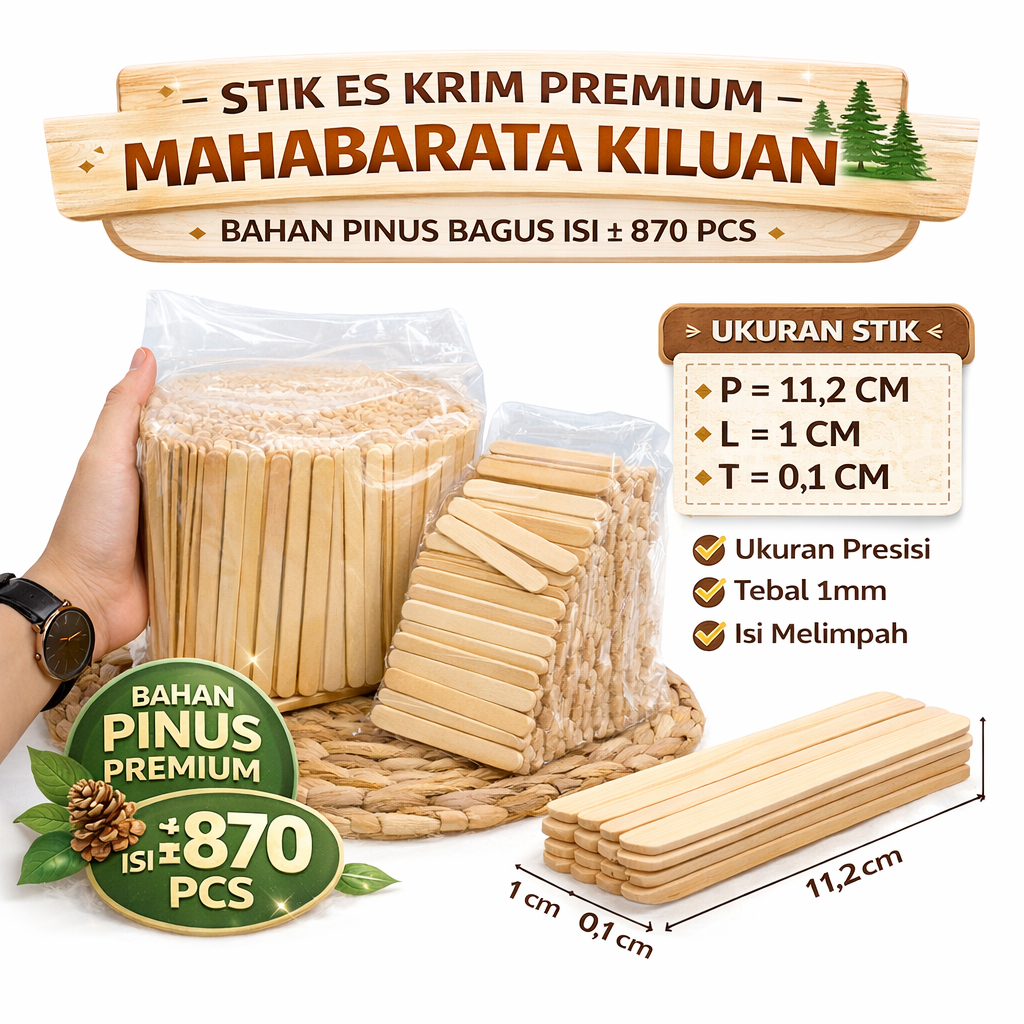 870 pcs Kualitas Premium Stik Ice Cream Kerajinan - Stik Kayu Mainan - Stik Kayu Panjang