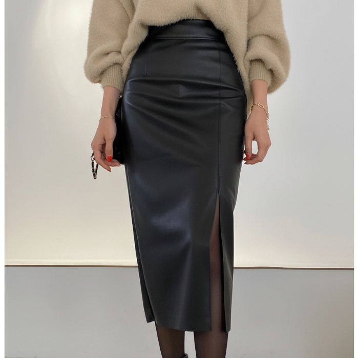 Rok Span Kulit Pensil Hitam Panjang Musim Gugur Wanita