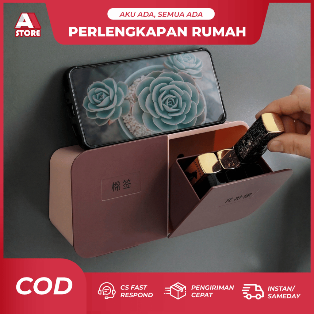Rak Dinding Tempel Organizer 2in1 Kotak Kapas Cotton Bud Makeup Serbaguna