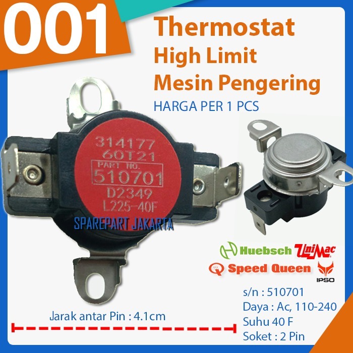 Thermostat High Limit Red Mesin Pengering / Dryer Ipso, Speed Queen / Speedqueen, Huebsch, Unimac 51
