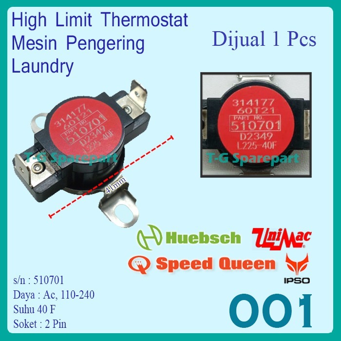 Thermostat High Limit Red Mesin Pengering / Dryer Ipso, Speed Queen / Speedqueen, Huebsch, Unimac 51
