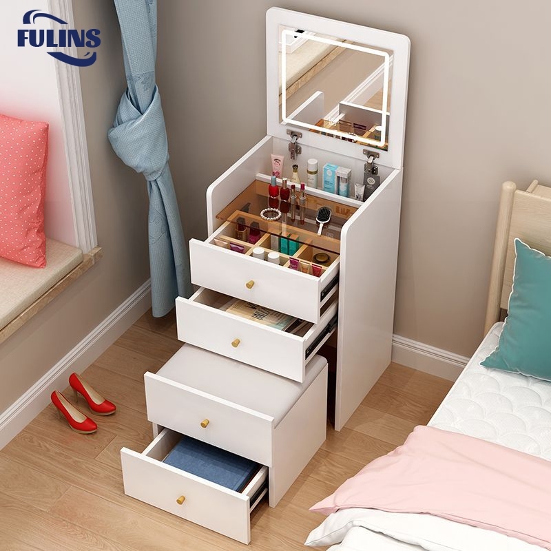 [4In1]Meja Rias Lipat 3Warna LED Cermin Dan Smart Meja Nakas Wireless Charging 60/70/80cm Cahaya Aes