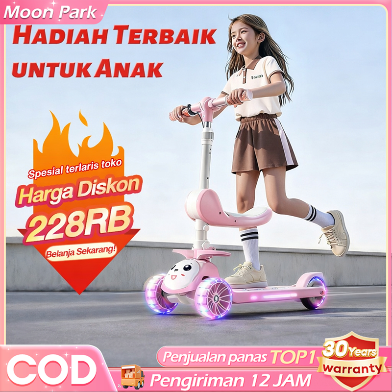 BEIGE Skuter Anak Roda 3 Duduk & Berdiri Dilipat Hadiah Anak SNI Skuter Anak Perempuan