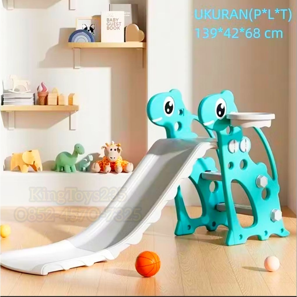Mainan Perosotan Anak Luncuran Slide Dino Ring Bola Basket Set Tinggi Panjang Lebar Ukuran Tertulis 