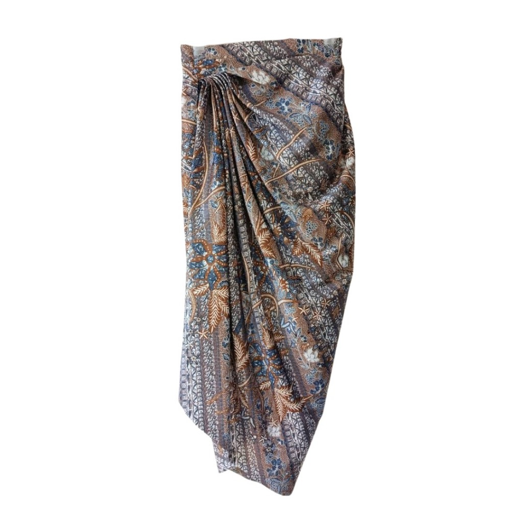 Lyne Halim Brown Blue Floral Batik Skirt – Rok Batik Wanita Kerut Samping Pinggang Karet, SKT-8481