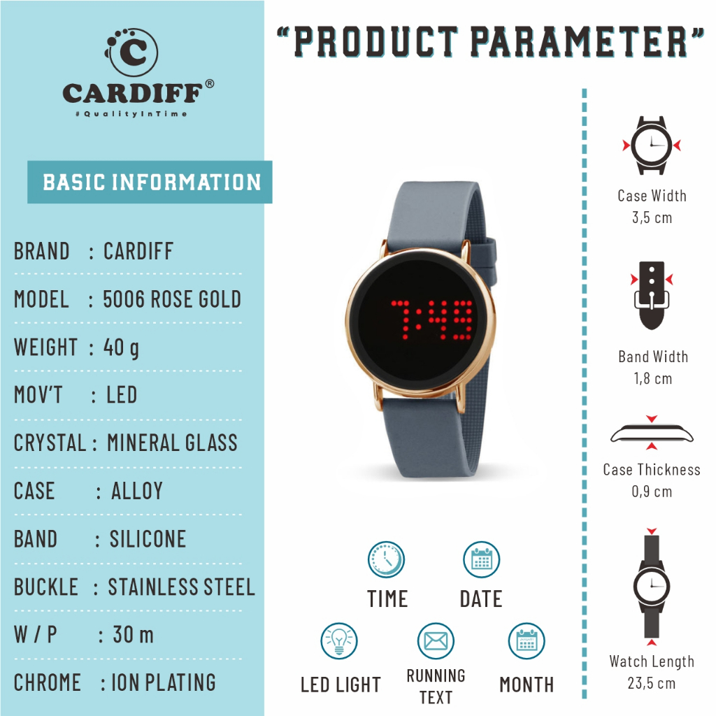 CARDIFF Led 5006 Rose Gold Jam Tangan Digital Wanita Best Seller Water Resist