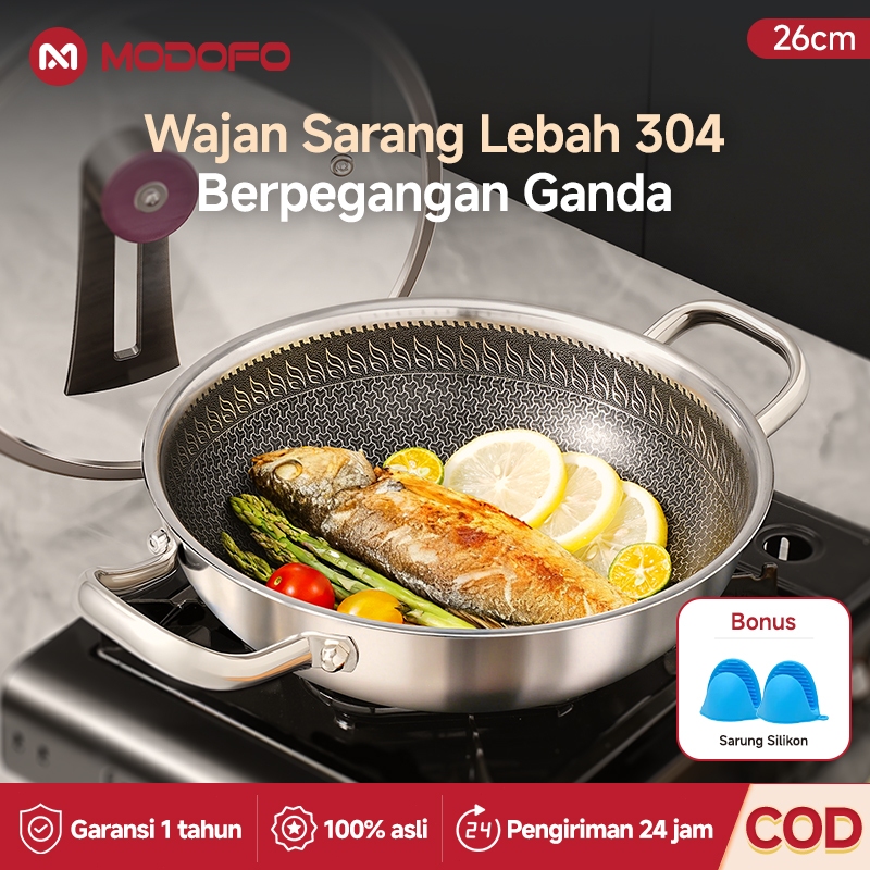 MODOFO 304 Wajan Honeycomb Original Panci Stainless Steel 26cm Panci Stainless Steel Tebal Bima Waja
