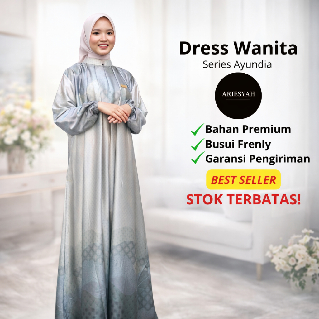 Ariesyah - Baju Gamis Wanita Silver Abu Abu bahan Premium Lembut Armany Silk Busui Friendly Wudhu Fr