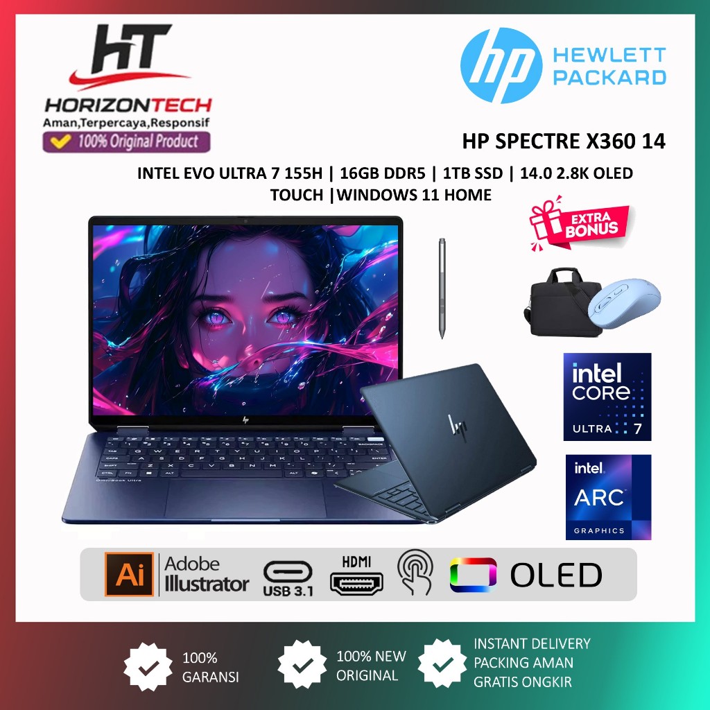 Laptop Touchscreen Hp Spectre X360 14 Intel Evo Ultra 7 155H Ram 16GB DDR5 1TB Intel ARC Oled Win11