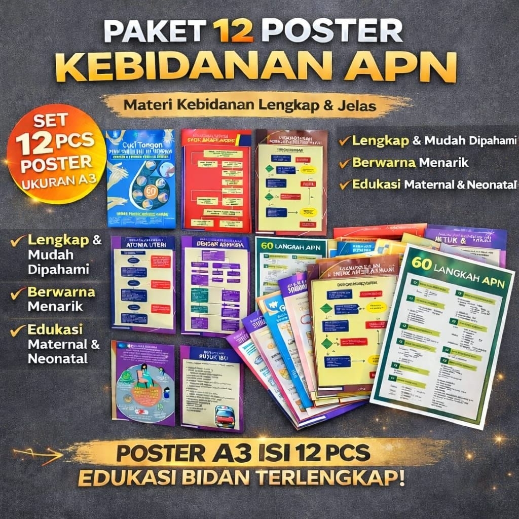 Paket Poster, 12 Lembar Poster APN Lengkap,  Best Seller Poster Kebidanan Kesehatan