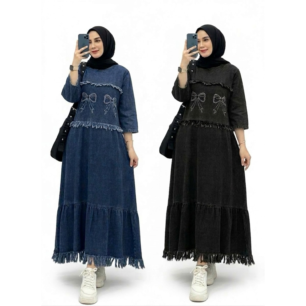 MIDI DRESS JEANS Terbaru Black/Blue HighQuality Premium