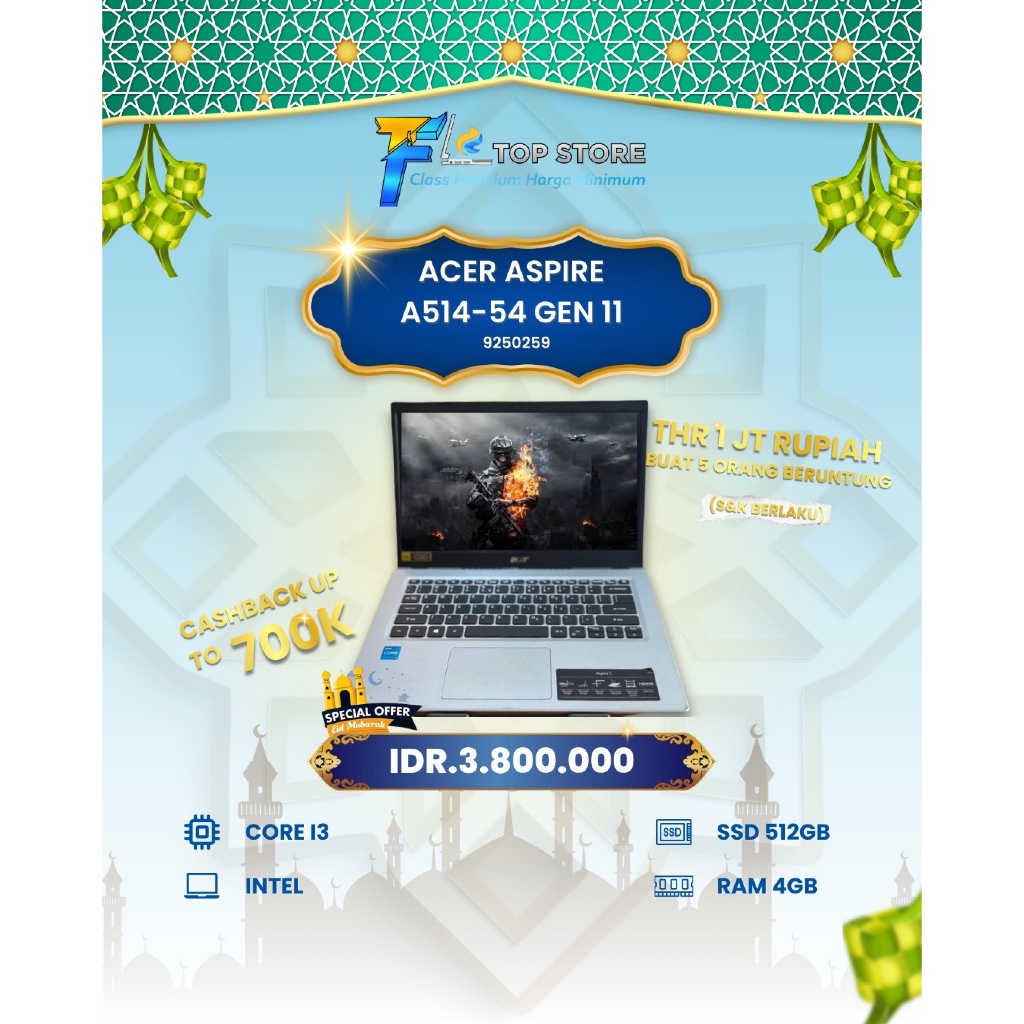 LAPTOP ACER ASPIRE A514-53 INTEL CORE I3 GEN 11 SSD 512/4GB