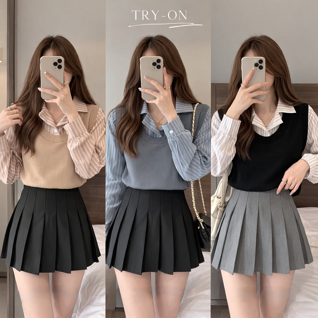 [Hallyu] Vest Rajut Atasan Wanita Lengan Pendek Collar Knit Premium | Baju Wanita Vest Berkerah Crop