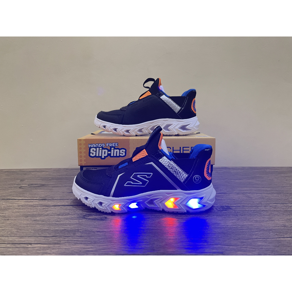 Sepatu Slip On Casual anak Skechers S Lights Hypno Flash 2.0 Brisk Brights Black Blue Orange 403830L