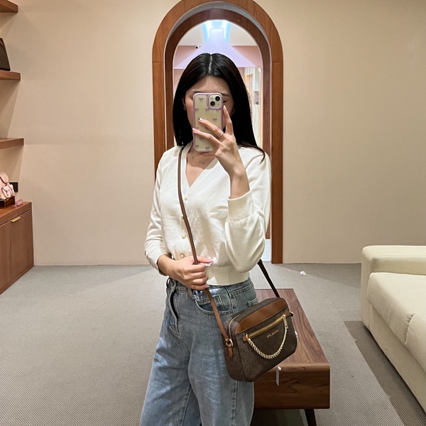 Tas MK MONOGRAM DARK BROWN CHAIN CAMERA BAG WITH LS 100% ORIGINAL