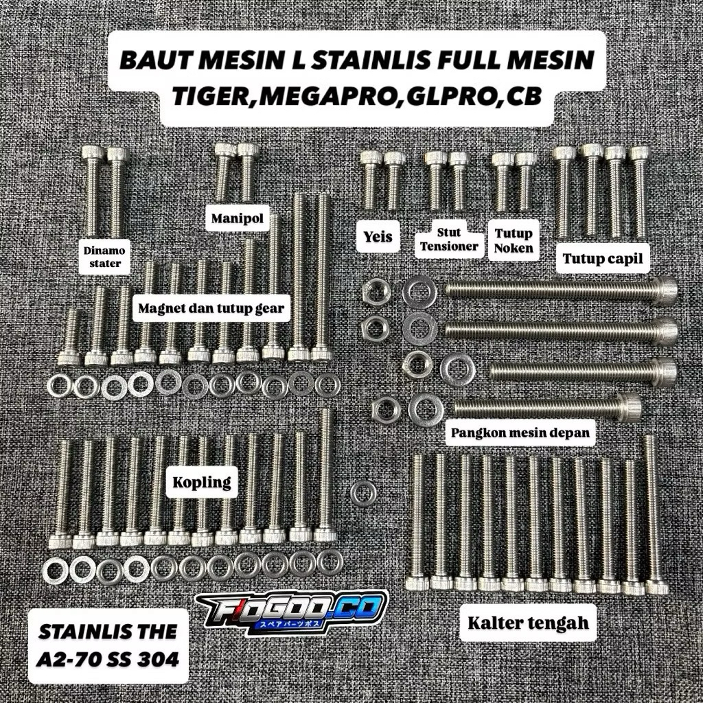 BAUT MESIN SET TIGER L STAINLIS THE ORIGINAL BAUT BAK KOPLING KANAN KIRI L STAINLIS SET PANGKON MESI