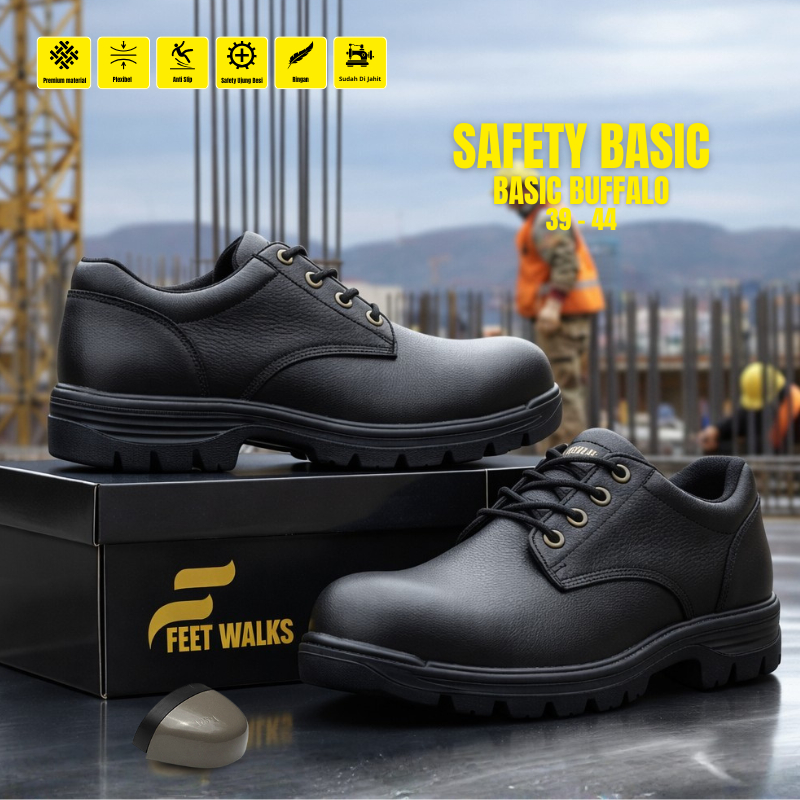 Sepatu Safety Pria - Shoes Safety Basic Buffalo Low Black Outdor Kerja Lapangan Ujung Besi - FEET WA