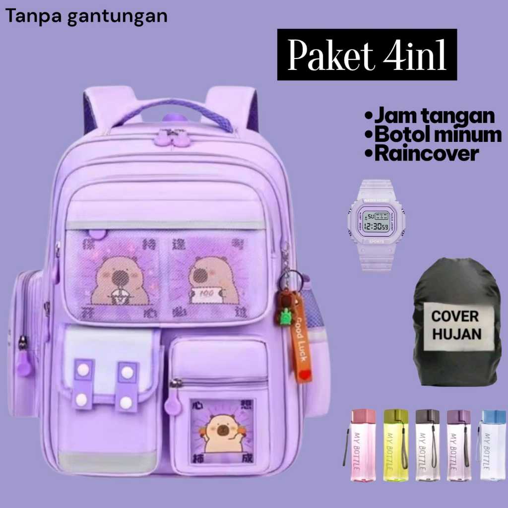 TAS RANSEL SEKOLAH ANAK PEREMPUAN DESAIN FASHION BANYAK SAKU WARNA UNGU DAN PINK