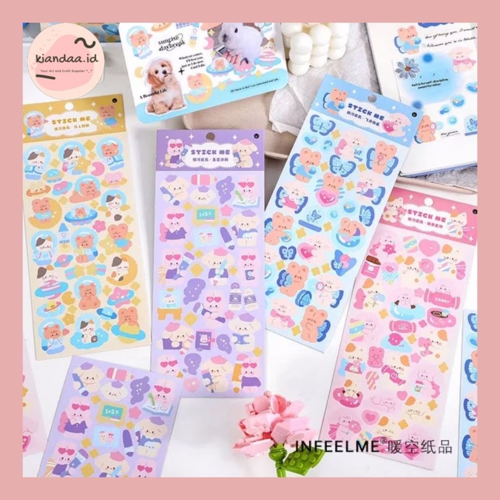 KIANDAA 1 LEMBAR STICKER SHEET DIARY GLITTER MOTIF BEAR RABBIT LUCU STIKER KOREA CUTE PASTEL STIKER 