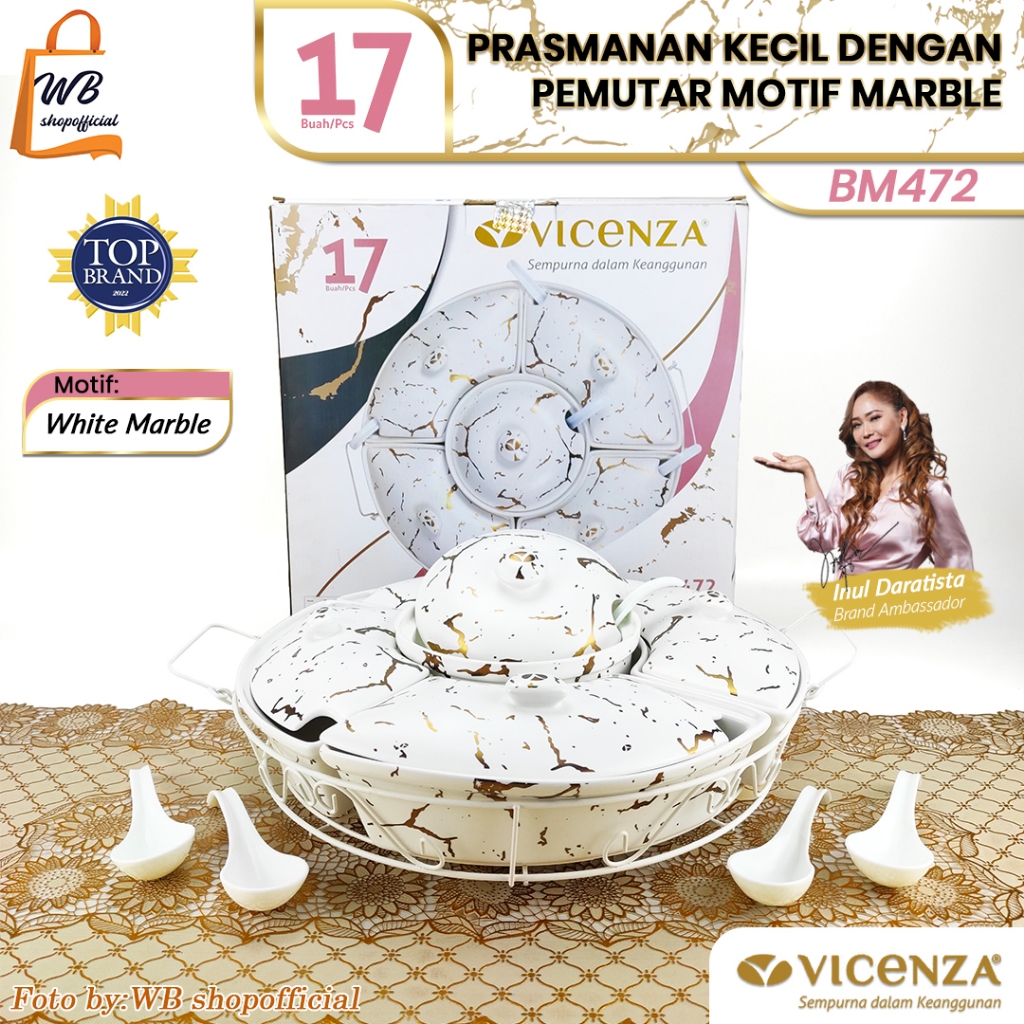 VICENZA 17pcs prasmanan set bulat motif White marble / wadah saji putar keramik lengkap + sendok / c