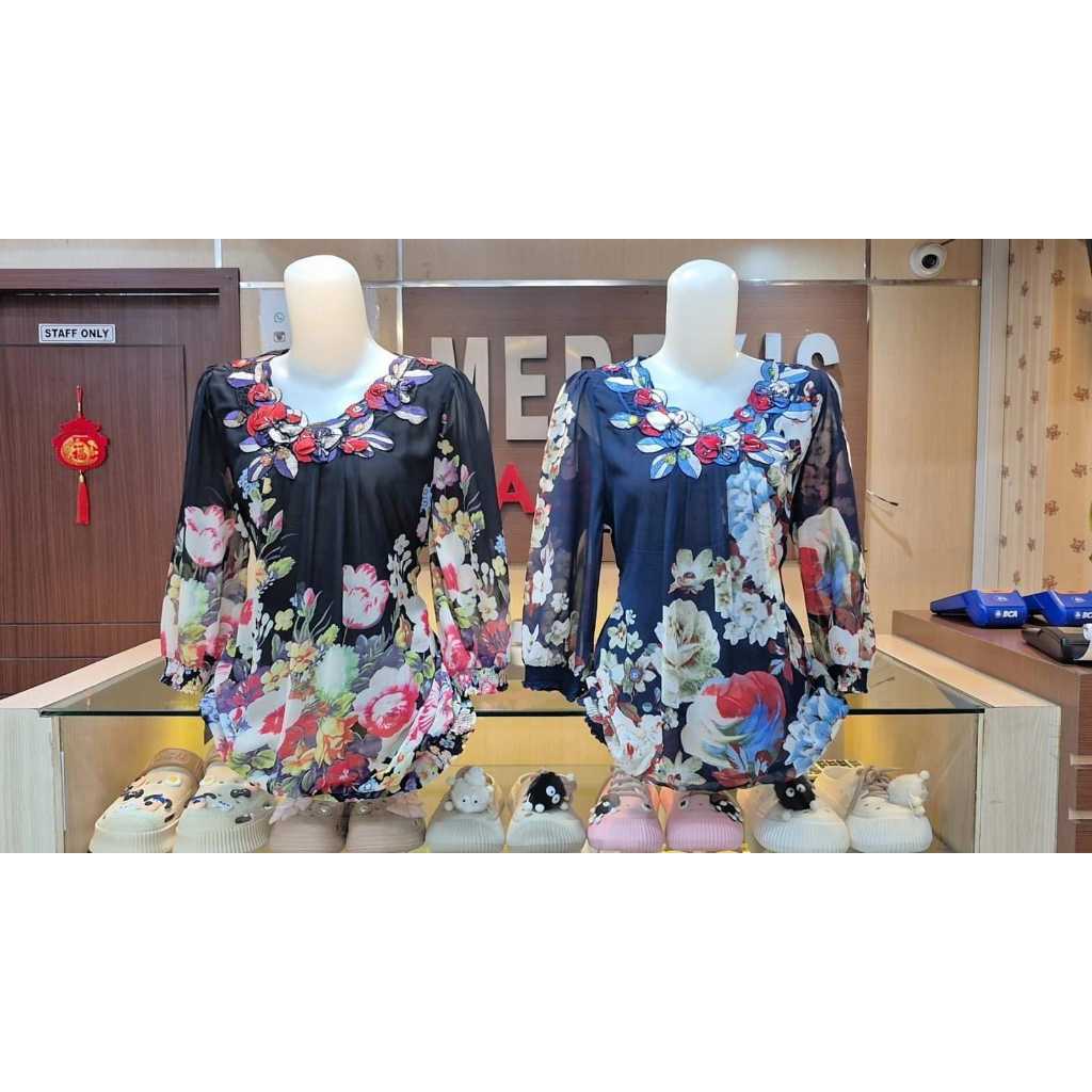 Atasan wanita blouse mama korea premium import quality | Blouse motif bunga | Blouse kaos sifon mix 