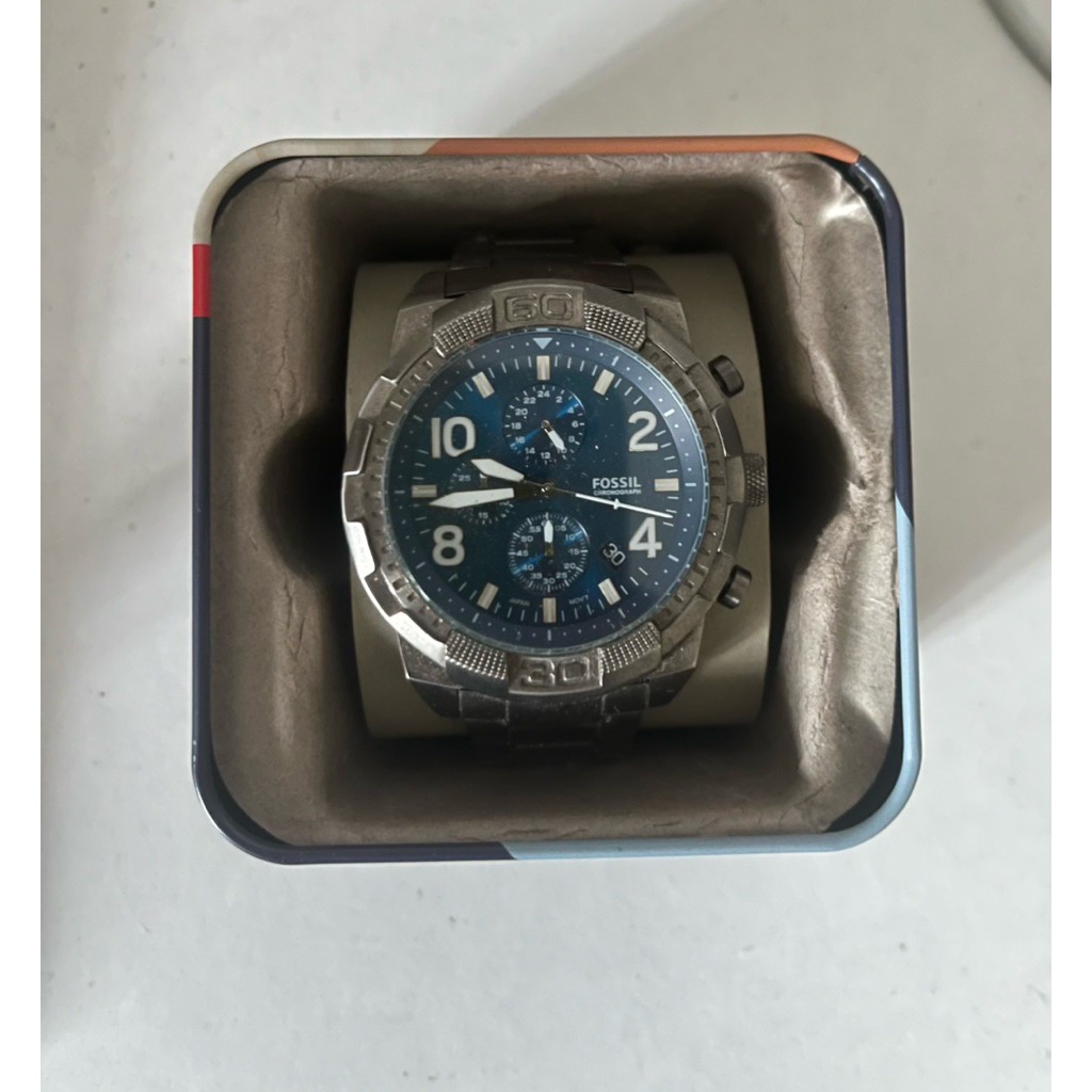 Jam Tangan Pria Fossil Bronson FS5711 Chronograph Men Blue Dial Grey Smoke Stainless Steel Strap (Se