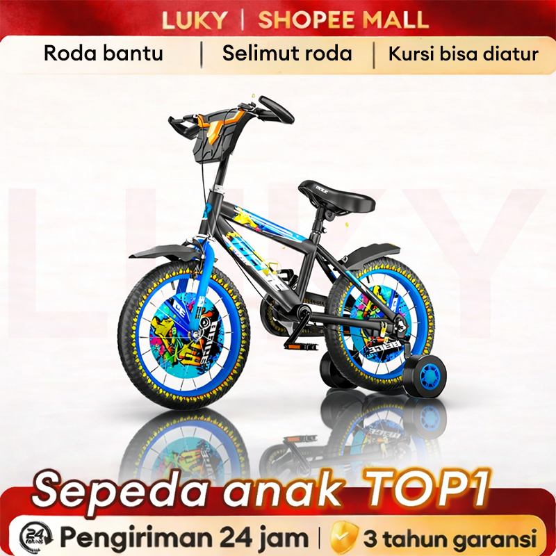 LUKY Sepeda Anak 2-12 Tahun BMX Karakter Roda 4 Ban Karet Lampu LED Frame Steel Kuat