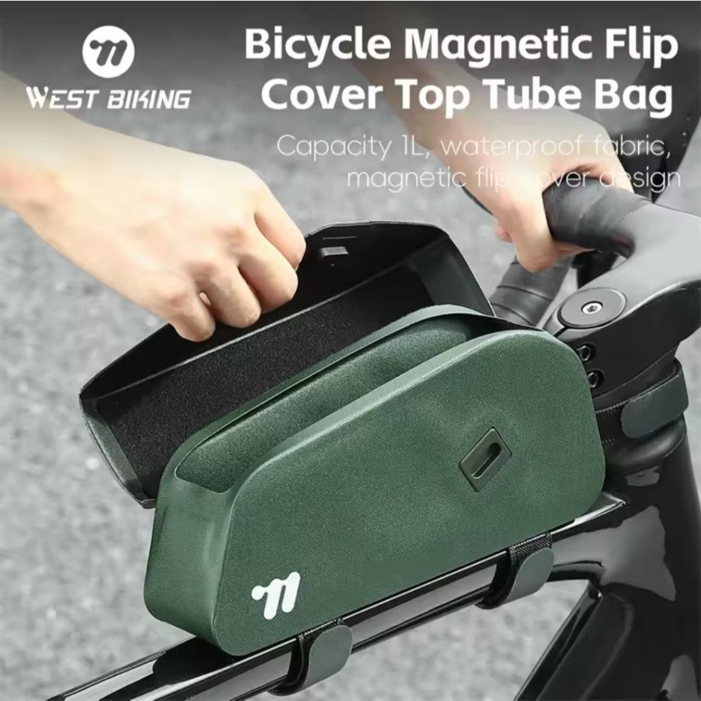 WEST BIKING Tas Frame Depan Sepeda dengan Cover Flip Magnetic Waterproof Bike Top Tube Bag Screw or 